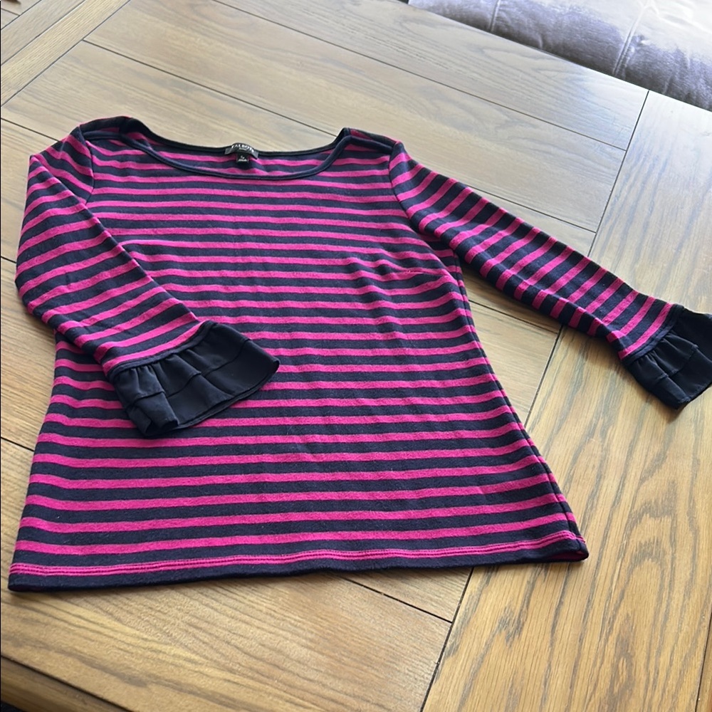 Talbots Striped Pink and Black 3/4 ruffled Sleeve Top size Sp